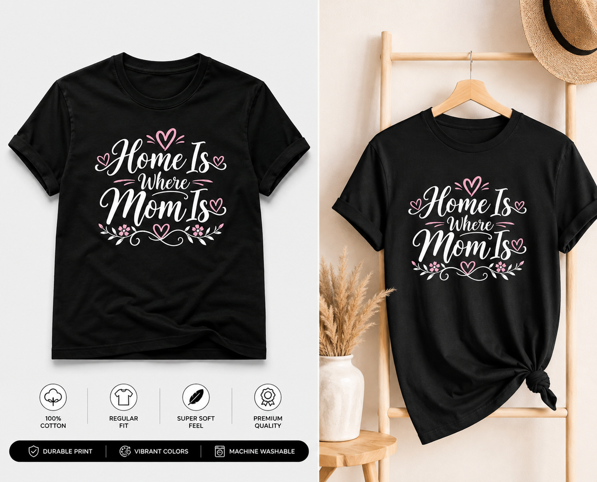 Home Is Where Mom Is tee shown flat and on a hanger — 100% cotton, regular fit