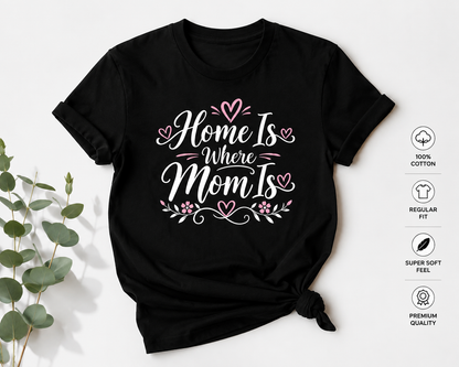 Home Is Where Mom Is black graphic t-shirt styled flat with eucalyptus — Sootra Store