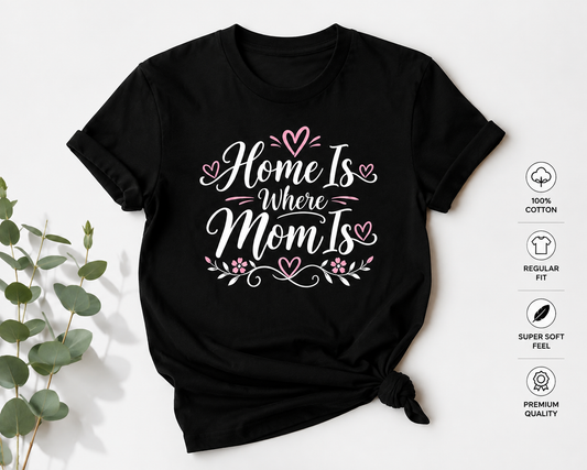 Home Is Where Mom Is black graphic t-shirt styled flat with eucalyptus — Sootra Store