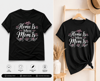 Home Is Where Mom Is tee shown flat and on a hanger — 100% cotton, regular fit