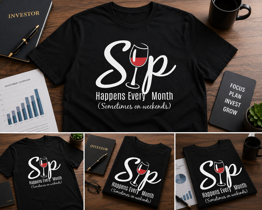 Sip Happens Every Month tee styled with investor notebook and charts