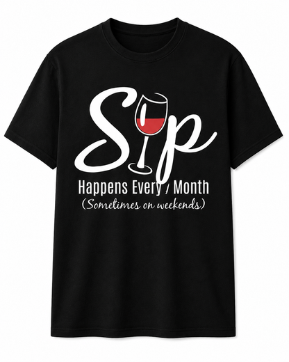 Black t-shirt with Sip Happens Every Month wine glass design